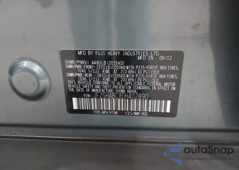 2013 Subaru Forester 2.5X from USA, damaged, VIN JF2SHABC8DH402890